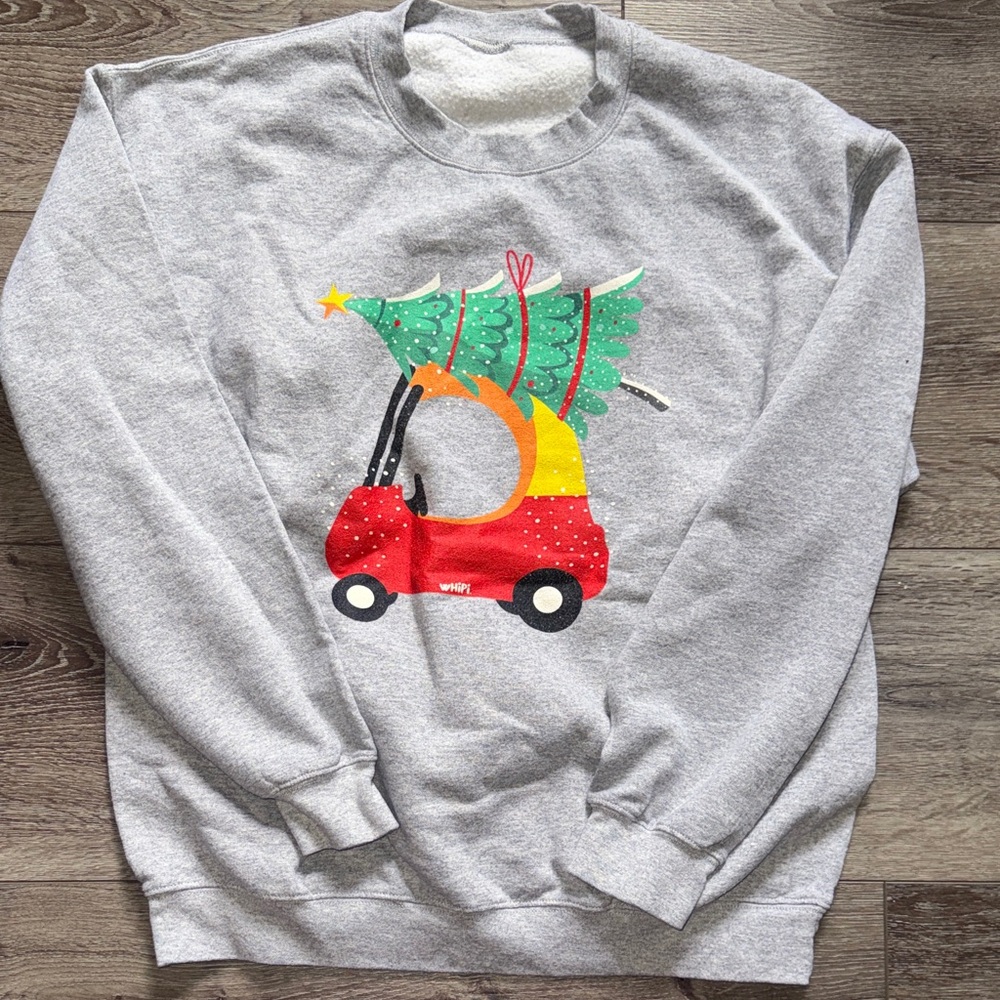Gray Crewneck Sweater with Festive Tree & Red Car Graphic